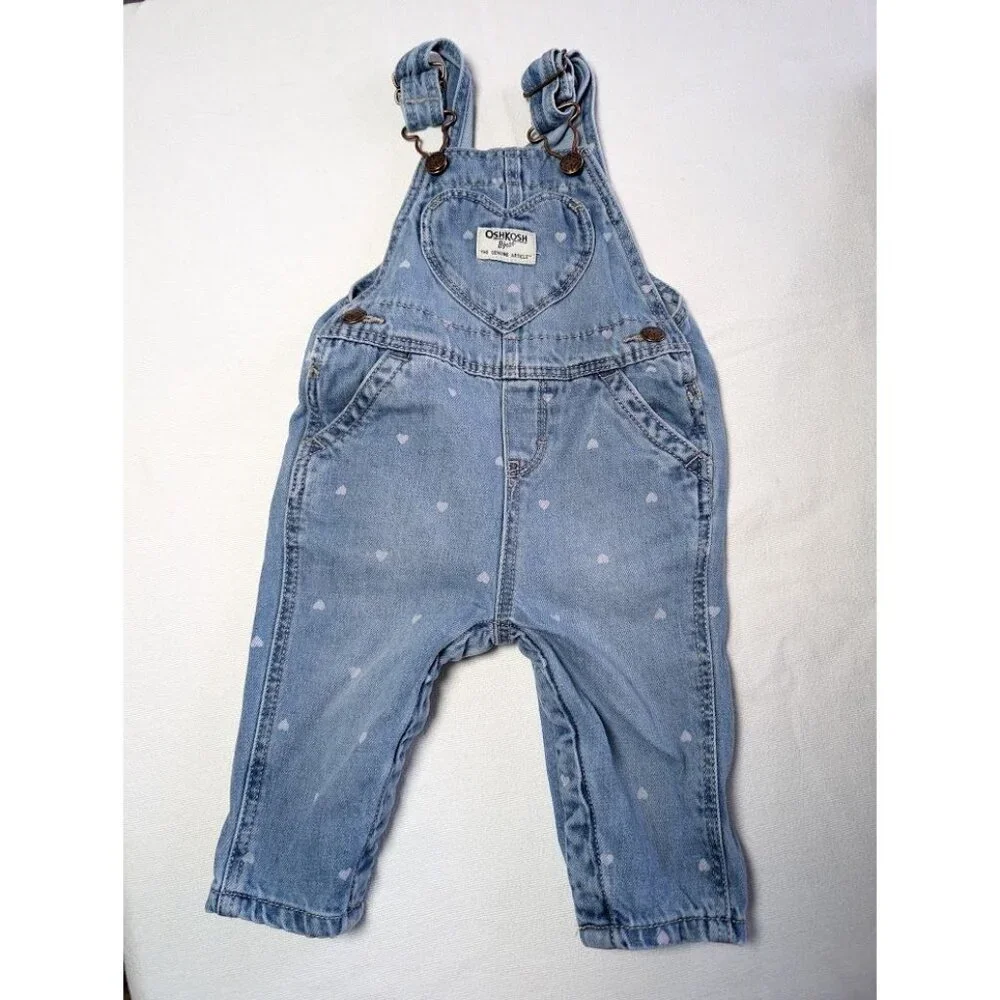 2‎ Set Oshkosh B'Gosh Bib Overalls Baby Infant Size 6 Months Hearts Embroidered
